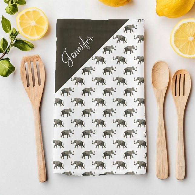 Vintage Elefantmönster Anpassat Namn Kökshandduk (Vintage Elephant Pattern Custom Name Kitchen Towel)
