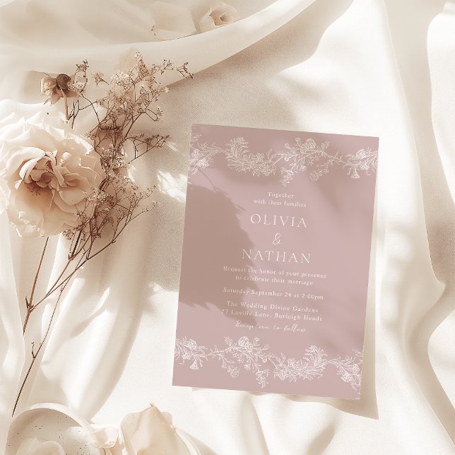 Vintage Elegance Classic Blommigt Dusty Rosa Bröll Inbjudningar (Skapare uppladdad)
