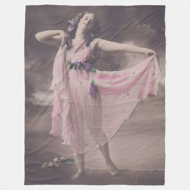 Vintage Elegance in Rosa Blommigt Dress Fleecefilt (Framsidan)