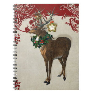 Vintage Elegance jul Hjort Antlers Damask Anteckningsbok Med Spiral