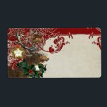 Vintage Elegance jul Hjort Antlers Damask Fraktsedel<br><div class="desc">Röd bakgrundsversion av Matchningsetiketter till använda för namn-märken (använda en bra Sharpie-markör till skriva på dem), dessert- eller huvudskålskyltar för mottagningar eller för att skriva ut egna utskicksetiketter på din hemdator för dina inbjudningar. Färgad på vintern, jul, grönt av grisen, burgundröd med benvit och kräm för en lustig palett i...</div>