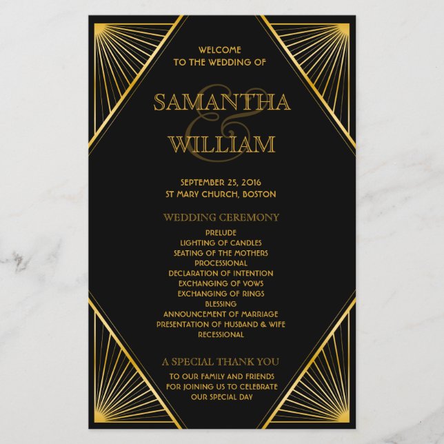 Vintage Elegant Art Deco Guld Bröllopsprogram (Framsida)