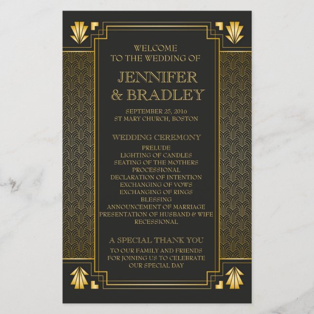 Vintage Elegant Art Deco Guld Bröllopsprogram (Framsida)
