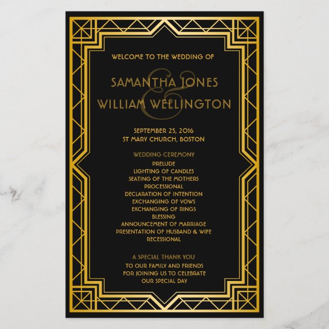 Vintage Elegant Art Deco Guld Bröllopsprogram (Framsida)