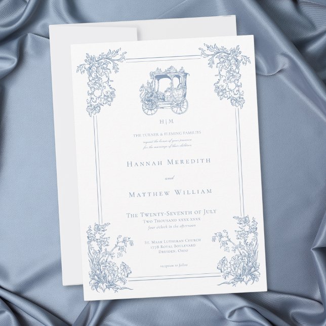 Vintage Elegant Blå Drottninggård Bröllop Inbjudningar (Vintage Elegant Blue Carriage Garden Wedding Invitation)