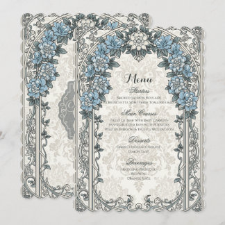 Vintage Elegant Blå Silver Blommig Bröllopsmeny Meny