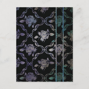 Vintage Elegant Black och Blue Grönt Damask Ro Vykort