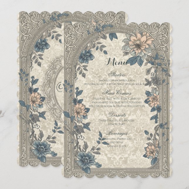 Vintage Elegant Blommig Botanisk Bröllopsmeny Meny (Fram/baksida)