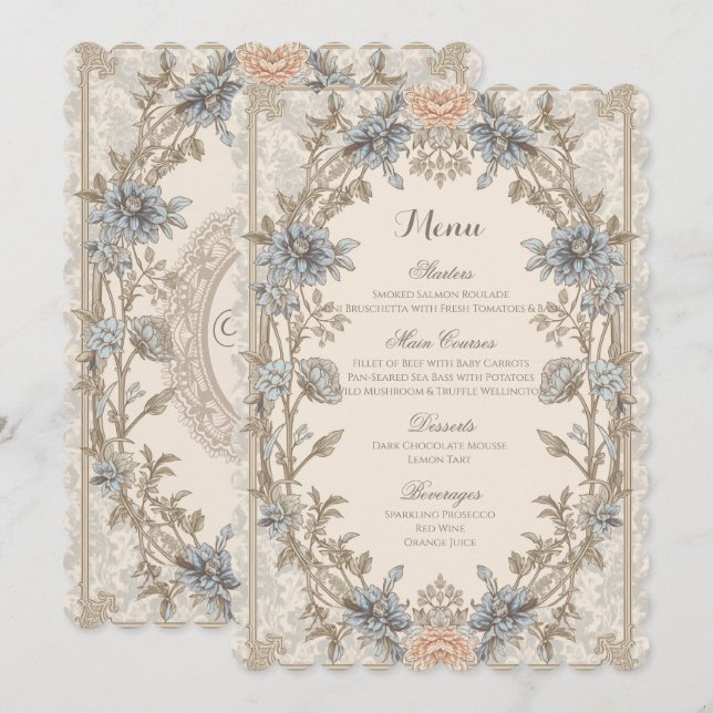 Vintage Elegant Blommig Botanisk Bröllopsmeny Meny (Fram/baksida)