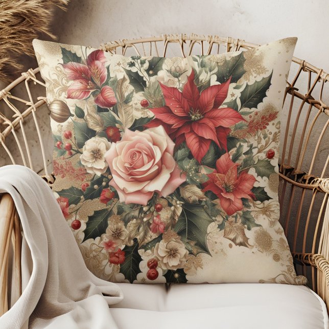 Vintage Elegant Blommigt jul Dekorativ kudde (Vintage Elegant Floral Christmas Throw Pillow in a boho rattan armchair.)