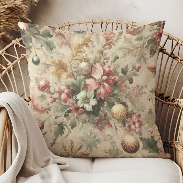 Vintage Elegant Blommigt jul Dekorativ kudde (Vintage Elegant Floral Christmas Throw Pillow in a boho rattan armchair.)