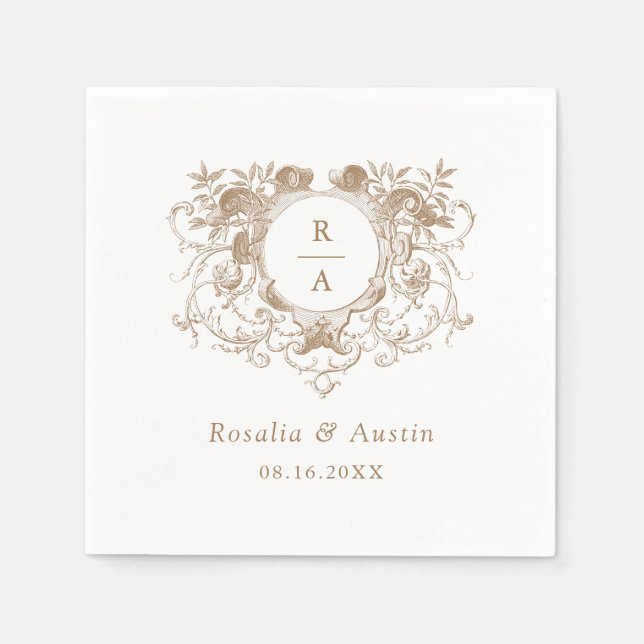 Vintage Elegant Blommigt Leafy Vapensköld Bröllop  Pappersservett (Framsidan)