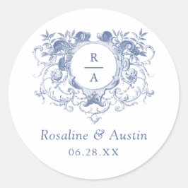 Vintage Elegant Blommigt Leafy Vapensköld Bröllop Runt Klistermärke