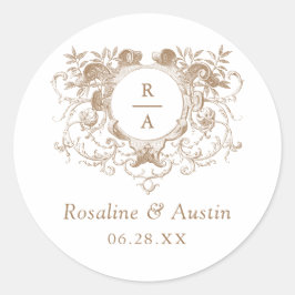 Vintage Elegant Blommigt Leafy Vapensköld Bröllop Runt Klistermärke