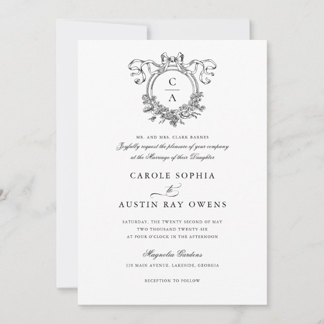 Vintage Elegant Blommigt Vapensköld Bow Ribbon Brö Inbjudningar (Framsida)