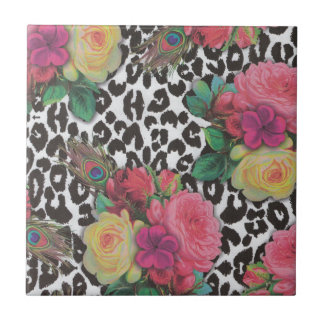 vintage elegant blommor cheetah peacock blommigt kakelplatta
