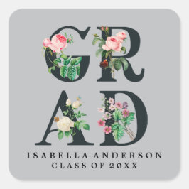 VINTAGE ELEGANT BLOMSTER EXAMENSBEKÄNNELSE DEKAL FYRKANTIGT KLISTERMÄRKE