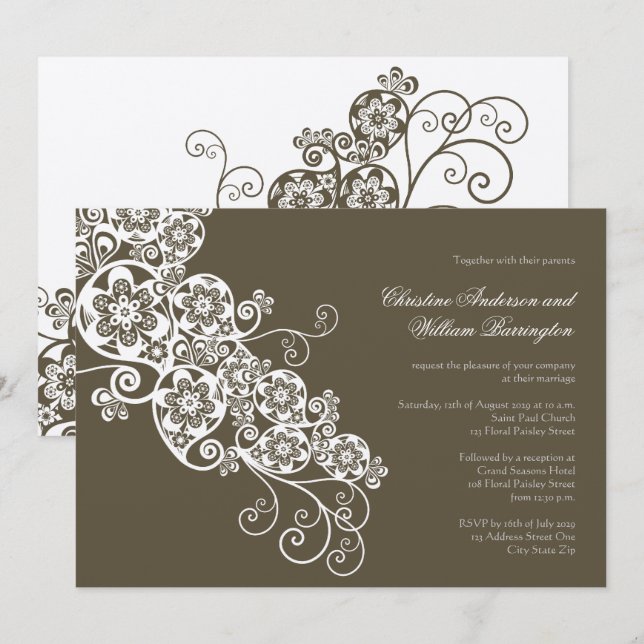 Vintage Elegant Boho Blommigt Paisley Wedding bjud Inbjudningar (Fram/baksida)