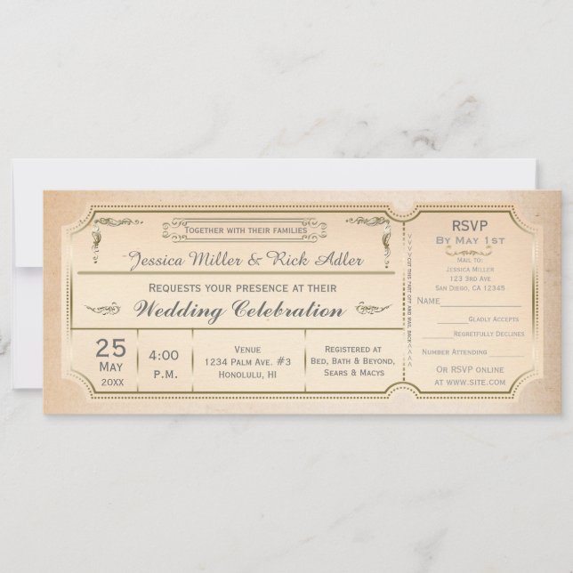 Vintage Elegant Bröllopsbiljett Inbjudan med RSVP (Framsida)