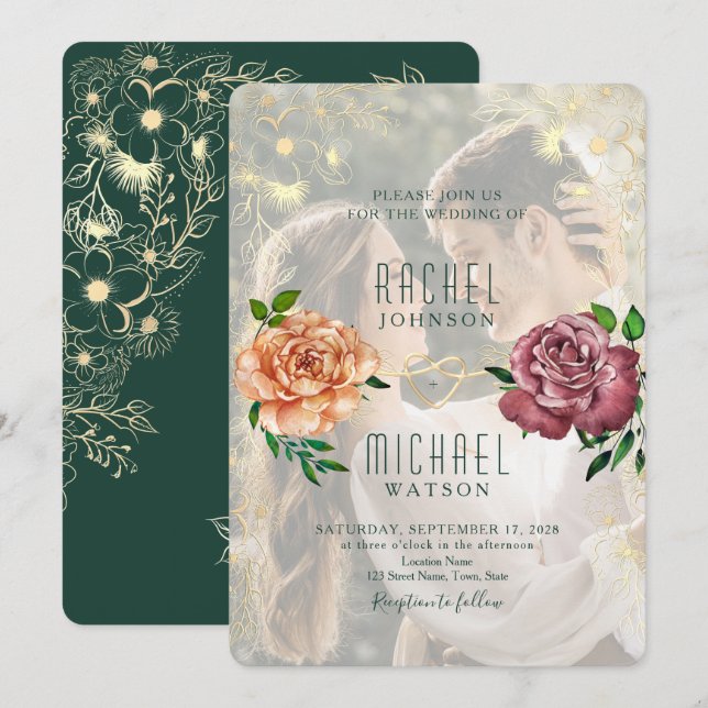 Vintage Elegant Bröllopsinbjudan med Foto (Fram/baksida)