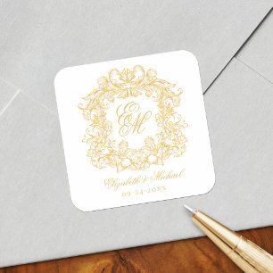 Vintage Elegant Bröllopsmonogram Kröningsvapen Gul Fyrkantigt Klistermärke