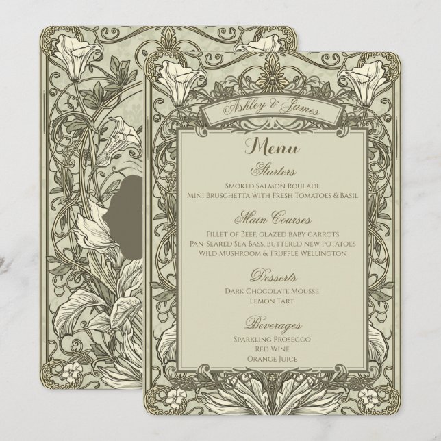 Vintage Elegant Brunt Guld Blommig Bröllopsmeny Meny (Fram/baksida)