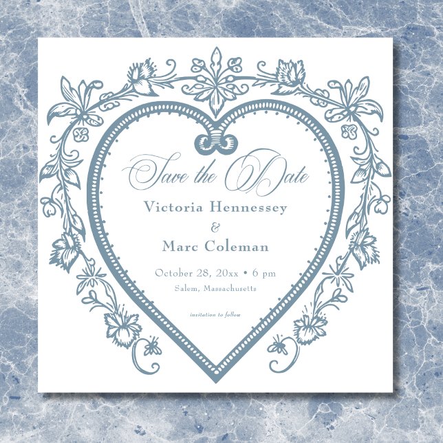 Vintage Elegant Chinoiserie Blått Hjärta Bröllop Spara Datumet (Vintage Elegant Chinoiserie Blue Heart Wedding Save The Date)