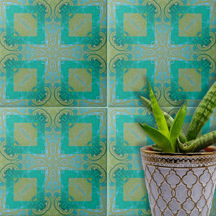 Vintage Elegant Damask Arabesque Teal och Guld Kakelplatta
