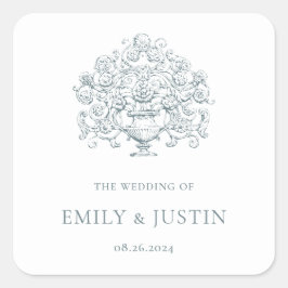 Vintage Elegant Dammig Blå Barock Bröllop Fyrkantigt Klistermärke