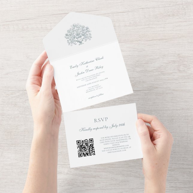 Vintage Elegant Dusty Blue Baroque QR Code Bröllop (Avrivbar del)