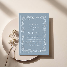 Vintage Elegant Dusty Blue & White Blommigt Bröllo Inbjudningar