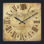 Vintage Elegant Familj Namn Rustic Roman Numeral Fyrkantig Klocka<br><div class="desc">Den vackra, unika personligen i shabby chic är utformad för att ge dig en vintage antik vykortsbakgrund med din familj namn och år i brun typografi. Anpassa den här klockan genom att lägga till din egen personliga information. Gör ett underbart bröllop, en årsdag eller en gåva till husuppvärmningen. Klicka på...</div>