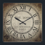 Vintage Elegant Family Namn Roman Numeral Rustic Fyrkantig Klocka<br><div class="desc">En vacker, unik personlig av typen en-av-ett-typ-modell med en vintage har en antika bakgrund med din familj namn och ett år som är etablerat i svart typografi. Anpassa den här klockan genom att lägga till din egen personliga information. Gör ett underbart bröllop, en årsdag eller en gåva till husuppvärmningen. Klicka...</div>