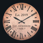 Vintage Elegant Family Namn Roman Numeral Rustic Stor Klocka<br><div class="desc">En vacker, unik personlig av typen en-av-ett-typ-modell med en vintage har en antika bakgrund med din familj namn och ett år som är etablerat i svart typografi. Anpassa den här klockan genom att lägga till din egen personliga information. Gör ett underbart bröllop, en årsdag eller en gåva till husuppvärmningen. Klicka...</div>