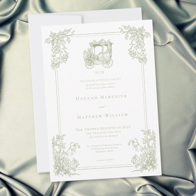 Vintage Elegant Grön Drottninggård Bröllop Inbjudningar (Vintage Elegant Green Carriage Garden Wedding Invitation)