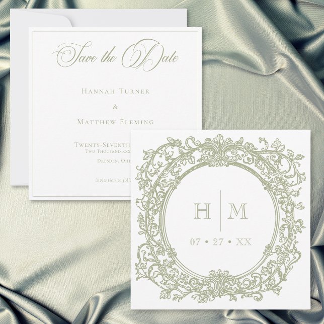 Vintage Elegant Grön Trädgård Bröllop Spara Datumet (Vintage Elegant Green Crest Garden Wedding Save The Date)