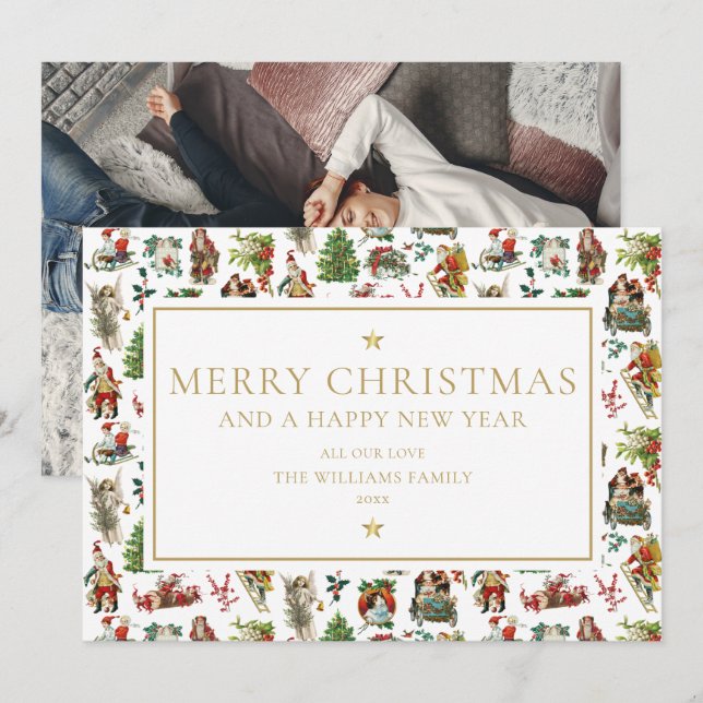 Vintage Elegant Guld Jul Foto Julkort (Fram/baksida)