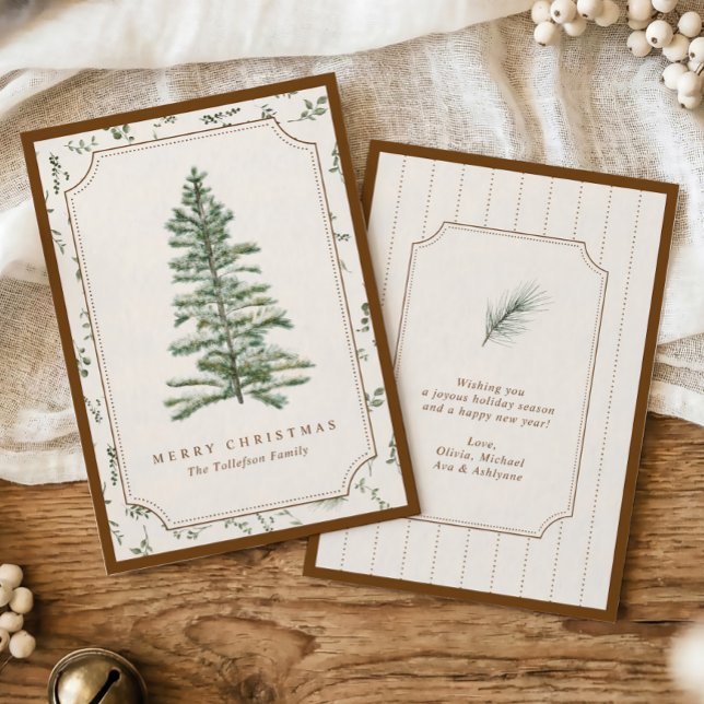 Vintage Elegant Jul Träd Brun Julkort (Elegant non-photo vintage Christmas card with watercolor evergreen tree)