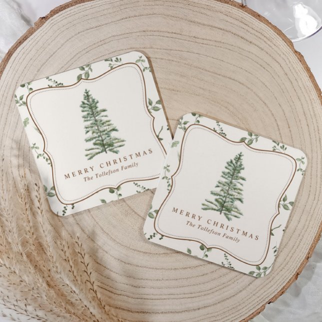 Vintage Elegant Julfest Pine Tree Underlägg Papper Kvadrat (Elegant Christmas paper drink coaster with watercolor evergreen tree and vintage frame)
