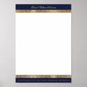 Vintage Elegant Marinblå & Guld A4 Brevpapper Nedl Poster