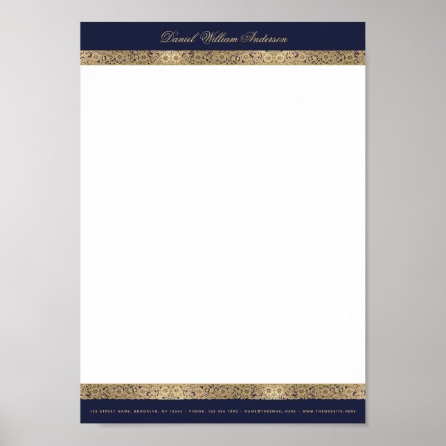 Vintage Elegant Marinblå & Guld A4 Brevpapper Nedl Poster (Framsidan)