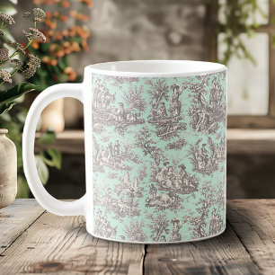 Vintage Elegant Mintgrå Toile De Jouy Kaffemugg
