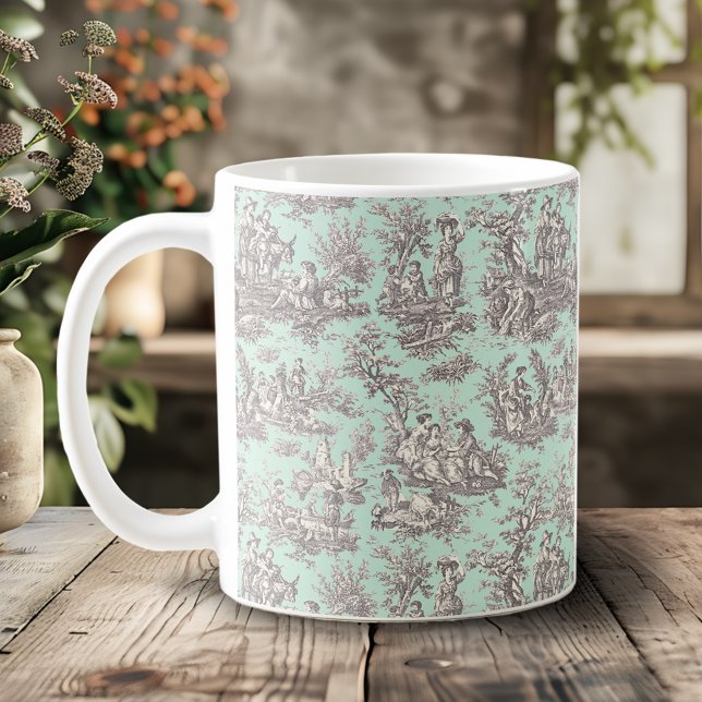 Vintage Elegant Mintgrå Toile De Jouy Kaffemugg (Skapare uppladdad)