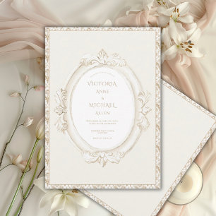 Vintage Elegant Neutral Damask Bröllop Inbjudningar