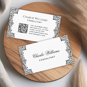 Vintage Elegant QR-kod Svart Vit Antik Skrift Visitkort