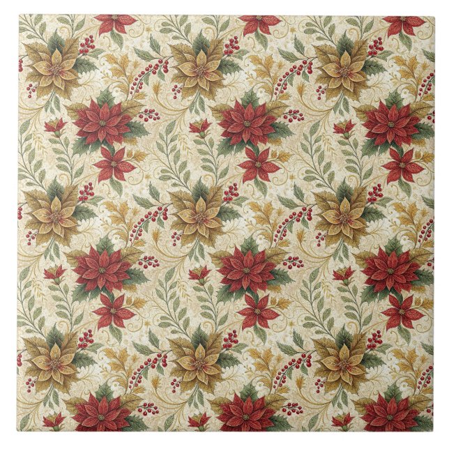 Vintage Elegant Red & Guld Poinsettia Blommigt Kakelplatta (Framsidan)