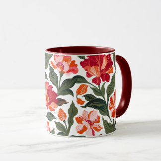 Vintage Elegant Röd & Korall Blommig Mönster Svart Mugg
