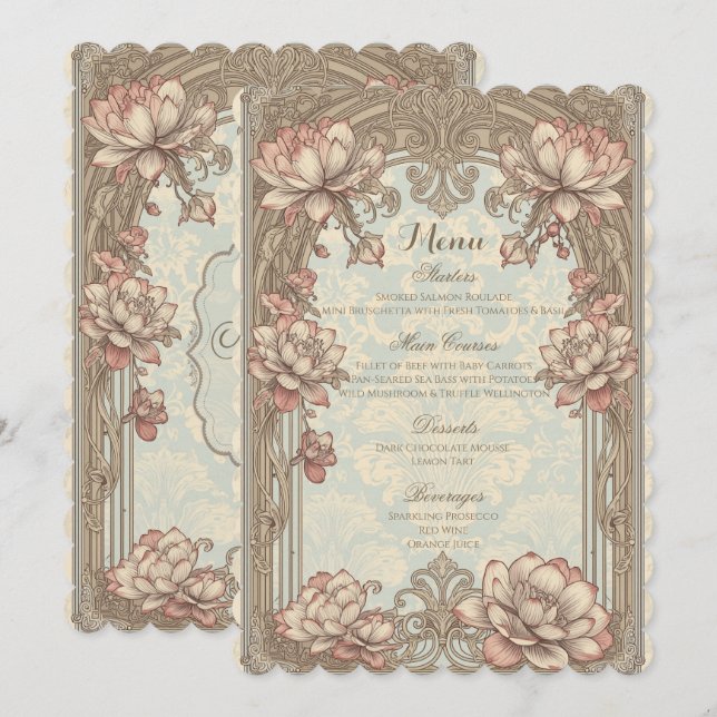 Vintage Elegant Rosa Guld Blommig Bröllopsmeny Meny (Fram/baksida)