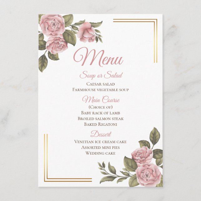 Vintage Elegant Rosa ros Blommigt Bröllop Menu Meny (Framsida)