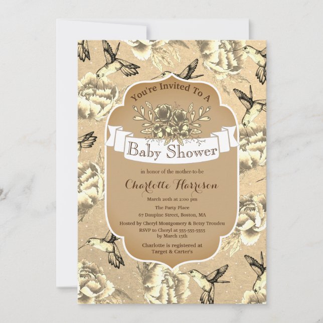Vintage Elegant Sepia Blommigt & Hummingbird Inbjudningar (Framsida)
